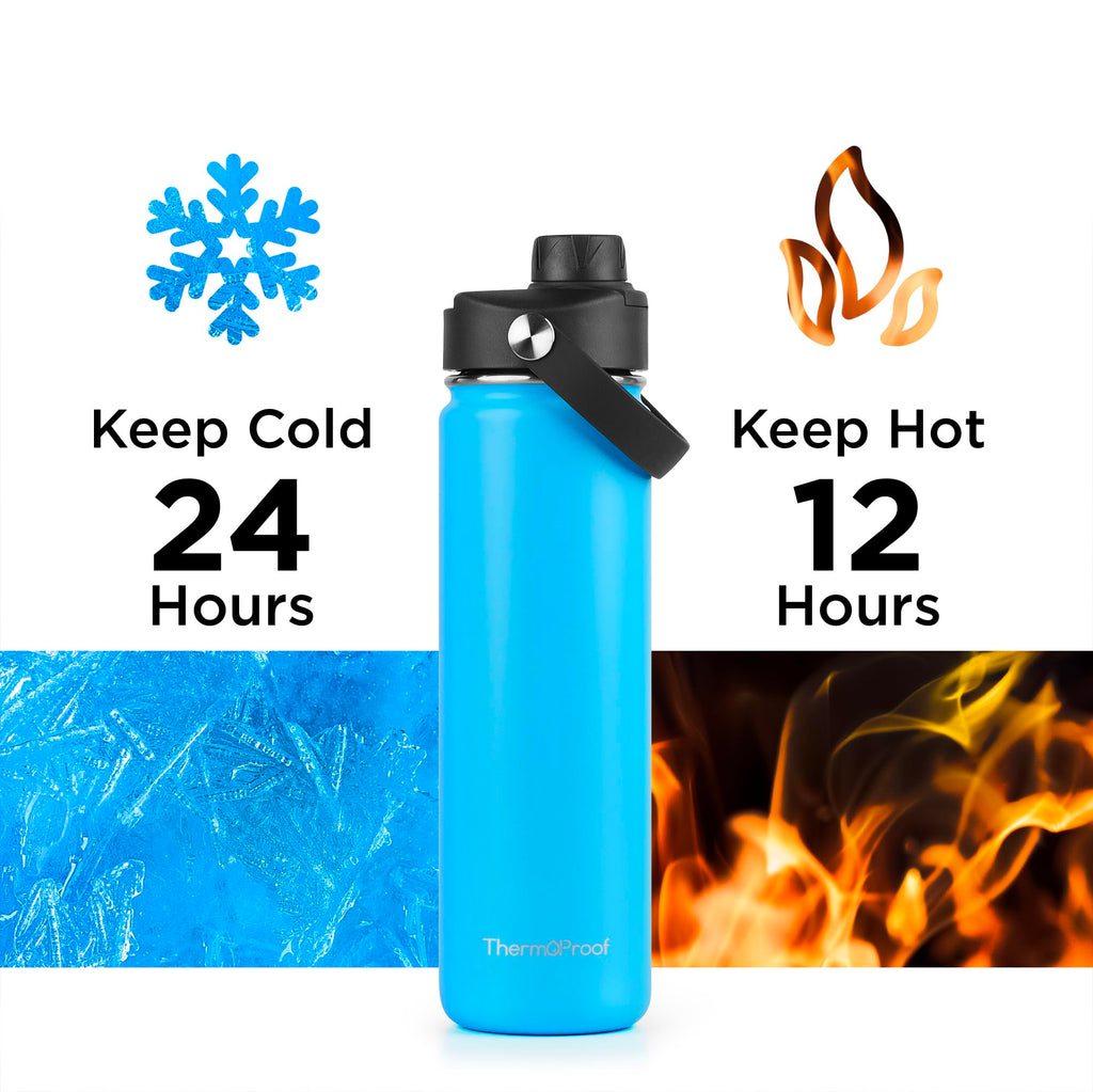 ThermoProof Double-Walled Vacuum Insulated Stainless Steel Water Bottle - Wide Mouth with Chug & Spout Lids, Dishwasher Safe, Reusable, Leakproof, Hot & Cold for Men, Women & Kids - 22oz, Light Blue