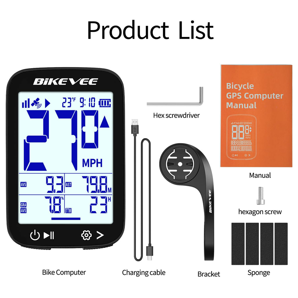 Bikevee GPS Bike Computer Wireless Cycling Computer with Auto Backlight, Waterproof Bicycle Speedometer Odometer for Road Mountain Bikes - Balck