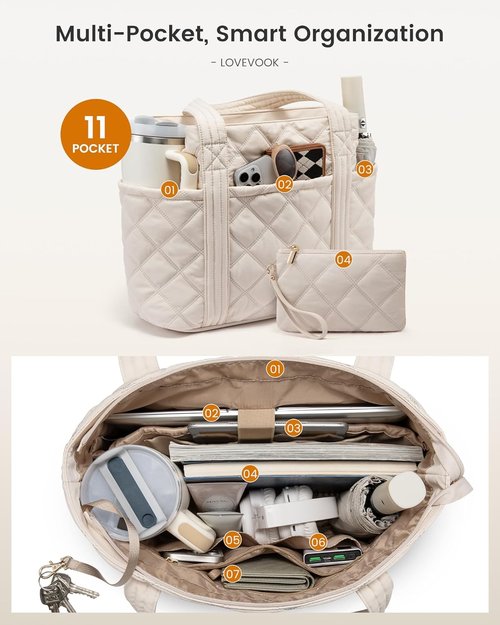 LOVEVOOK Puffer Tote Bag - Stylish Work Handbag with Cup Holder | Travel Carry-On for Teachers & Nurses