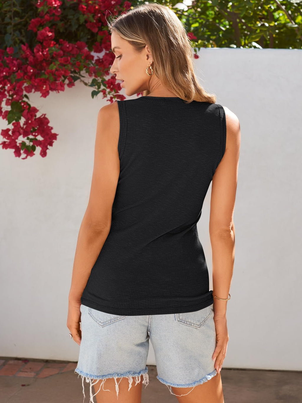 Kissfix Tank Tops for Women Summer Casual Cute Sleeveless Henley Shirts Beach Vacation Clothes Basic Tees Black L