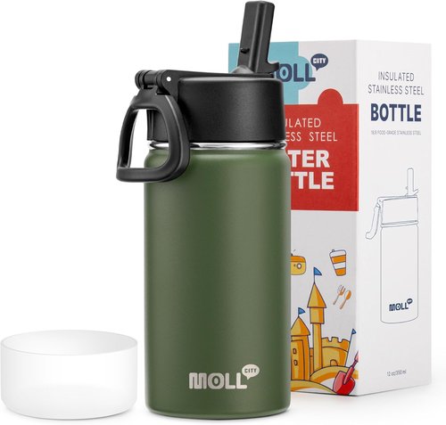12 oz Water Bottle for Kids-Small Insulated Water Bottle with Straw-Stainless Steel Double Wall Vacuum Sports Water Bottle for School (Grass Green)