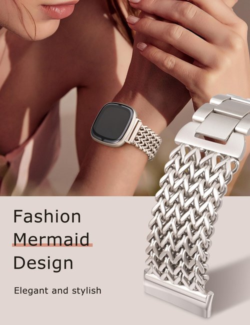 Minyee Metal Bands Compatible with Fitbit Versa 4/Sense 2/Versa 3/Sense Bands Women, Dressy Stainless Steel Mesh Multi-chain Designer Starlight Link Bracelet Wristband Replacement Strap for Versa 4/3
