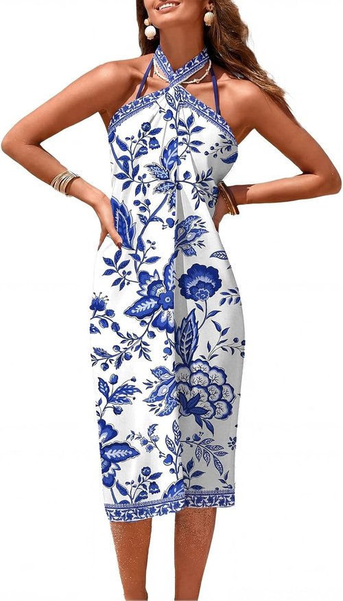Herseas Sheer Sarong Swimsuit Cover-Up - High Slit Floral Print Chiffon Wrap for Summer Beach
