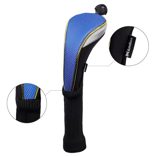 Andux 4Pcs/Set Long Neck Gold Golf Hybrids Club Head Covers with Dial No. Tag MT/HY15 (Blue)