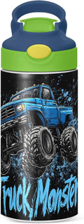 Monster Truck | Black Kids Water Bottle - Vacuum Insulated, Leak-Proof, 12 oz with Straw & Handle for Ages 4-8