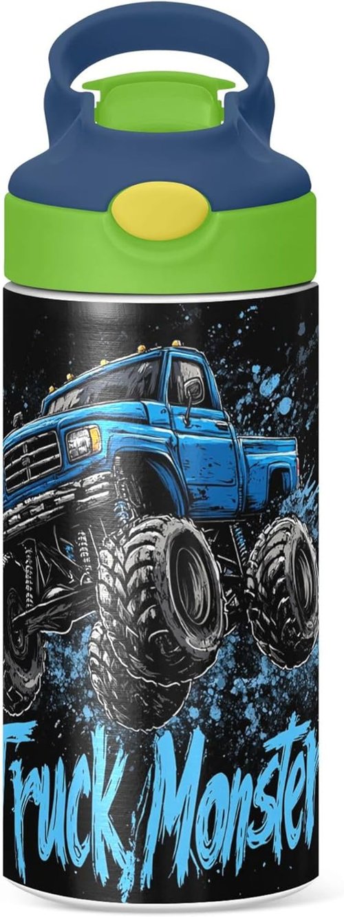 Monster Truck | Black Kids Water Bottle - Vacuum Insulated, Leak-Proof, 12 oz with Straw & Handle for Ages 4-8
