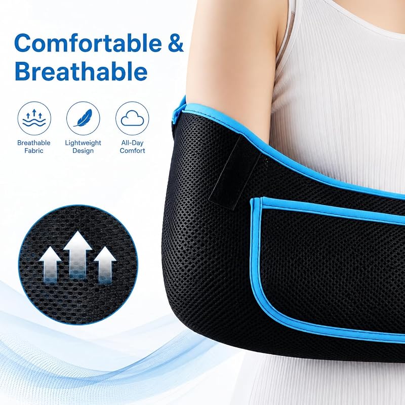 Arm Sling - Lightweight Breathable Mesh Immobilizer with Padded Shoulder Strap - Blue, M (Middle)