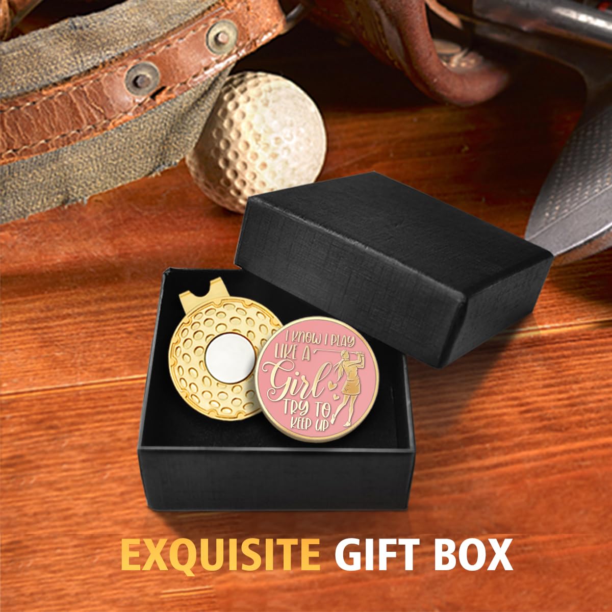 rofiowa I Know I Play Like A Girl Pink Gold Golf Ball Marker with Hat Clip, Funny Golf Accessories for Women, Christmas Mother's Day Birthday Gifts for Golf Fan Golfer, Novelty Golf Gifts(OBJ002)