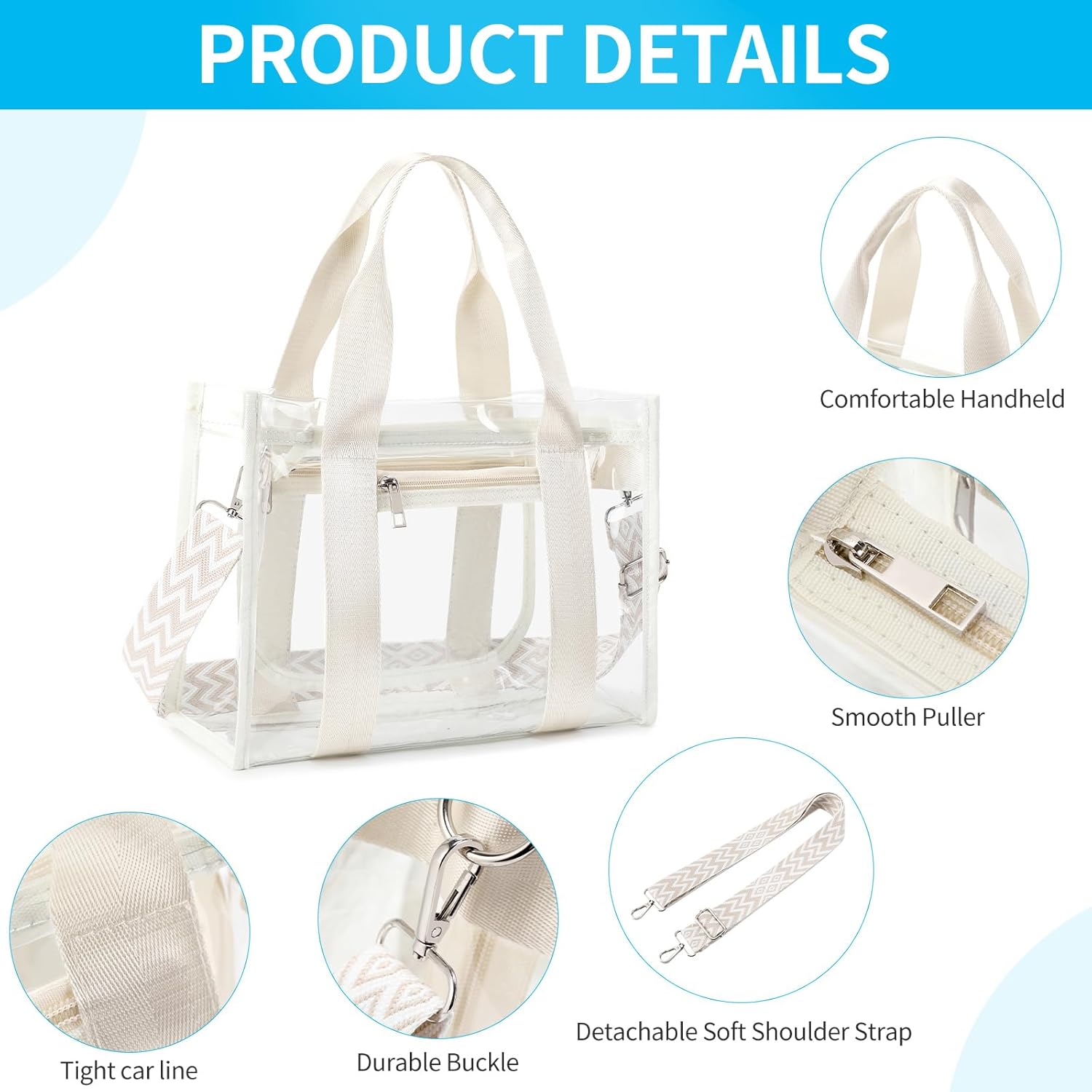 Skiennix Clear Stadium Bag - Large Transparent Tote with Inner & Outer Zip Pockets | Ideal for Sports, Concerts, Beach