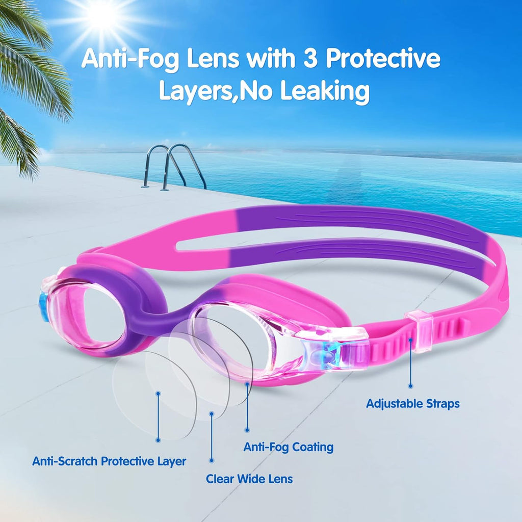 Starweh Kids Swim Goggles - Anti-Fog, No Leak Design for Ages 6-14 | Soft Silicone, Wide View - Blue, Purple & Pink (2 Pack)