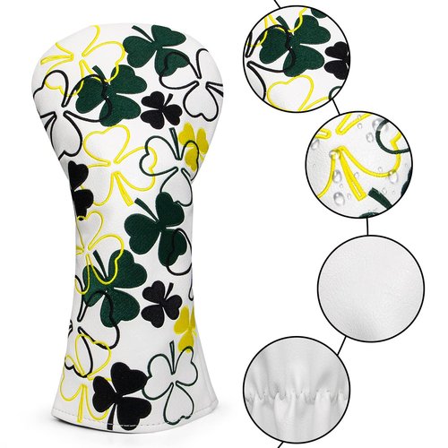 Irish Shamrock Golf Driver Headcover, White Leather Golf Club Covers for Driver,460cc Golf Driver Cover Head Cover for Women or Men Golfer