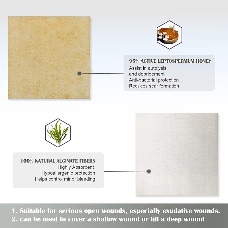 Honey Alginate Dressing 2x2" Pack of 10 | Wound Care Patches for Bedsores, Diabetic Ulcers, Burns