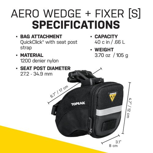 Topeak Aero Wedge Pack with Fixer F25 (Small) – Compact Aerodynamic Bike Saddle Bag with QuickClick Mount, Durable 1000D Nylon, Reflective Strip & Safety Light Clip