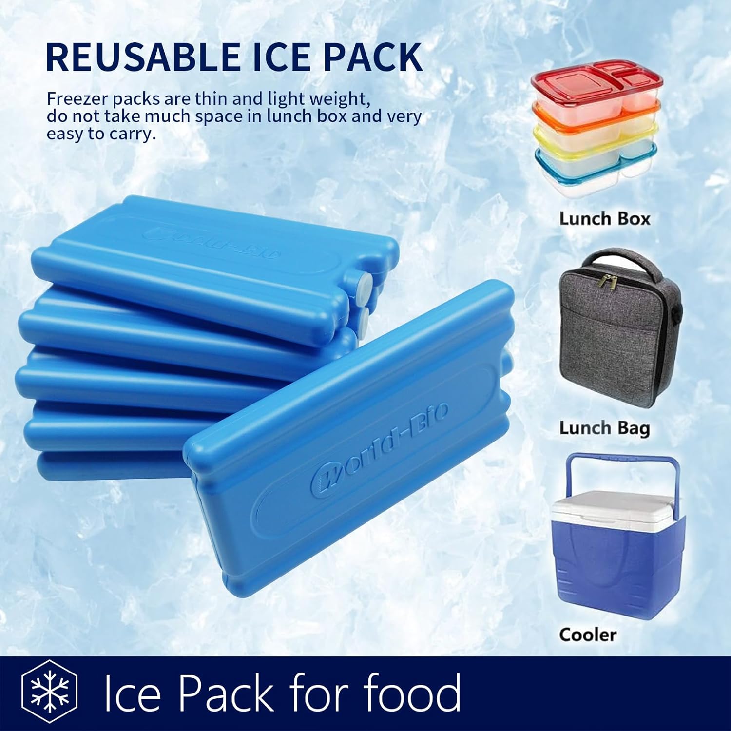 WORLD-BIO Reusable Ice Packs for Lunch Boxes & Coolers, Leakproof Quick Freeze Cold Packs for Picnics, Beach, Camping, Work - Long Lasting to Keep Drinks Cold (Thin Ice Packs 6 Pcs)