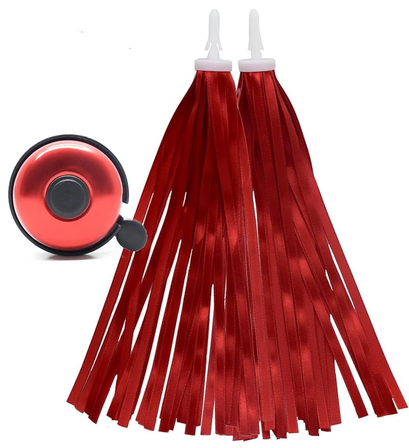 Red Bicycle Bell with Red Tassel Streamers - 22mm Handlebar, 9.4in Tassels
