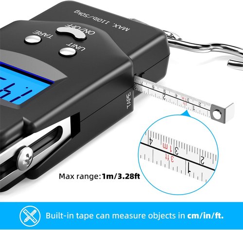 Dr.meter Fish Scale - 110lb Digital Weight Scale with Backlit LCD & Built-in Measuring Tape | Stainless Steel Gripper Tool