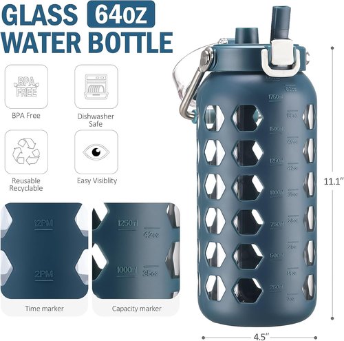 MUKOKO 64oz Glass Water Bottle - Half Gallon with Straw, Time Marker & Silicone Sleeve - Blue