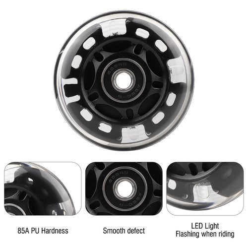 WHEELGOO 4-Pack PU Inline Skate Wheels Flashing Wheels Replacement w/Bushings for Kids Youth Children's Roller Skates (Black, 70mm)