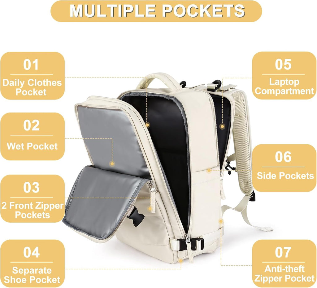 Skiennix Beige Large Travel Backpack - Airline Approved Waterproof Carry-On Bag for Men & Women