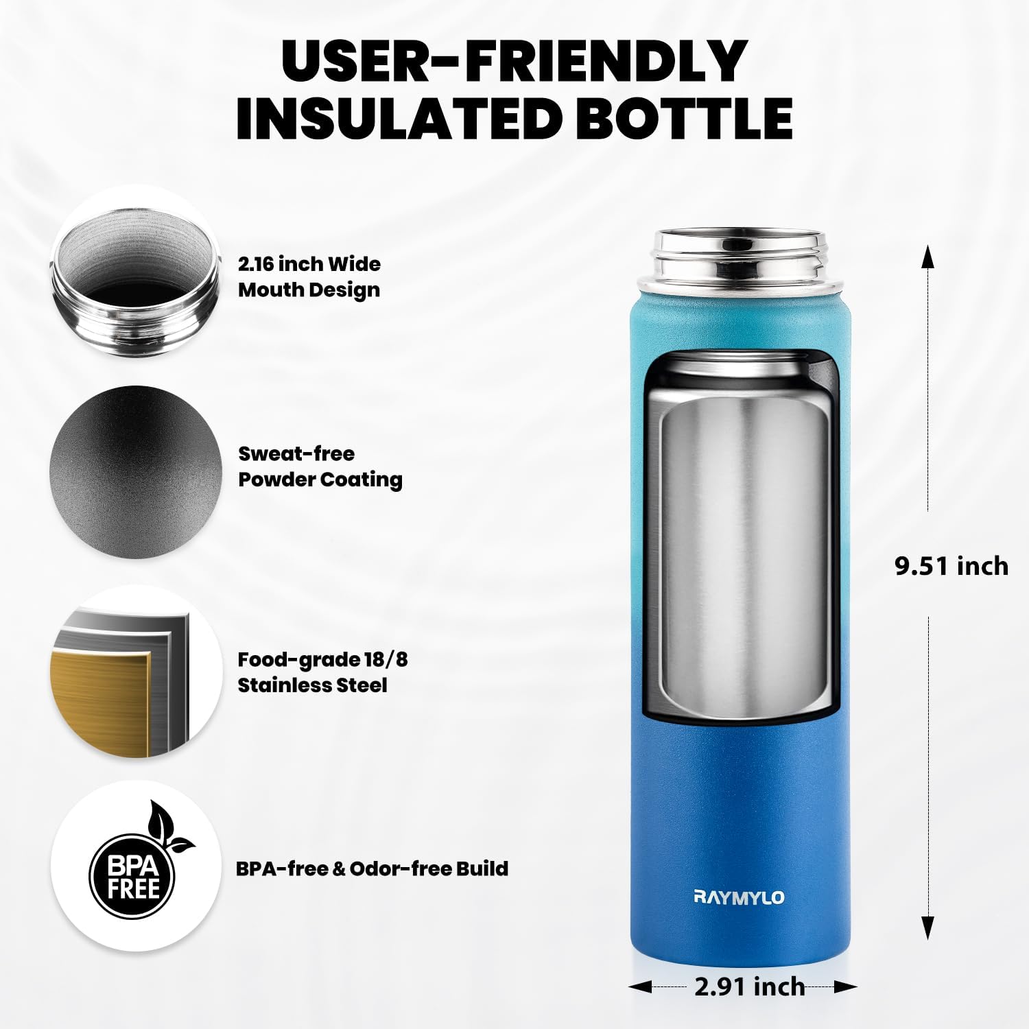 Skiennix Insulated Water Bottle - 20 Oz Triple Wall Vacuum Stainless Steel | Cold for 48 Hrs, Leak Proof, Kids Jug in Cyan Blue
