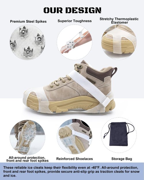 White Translucent Ice Cleats with 10 Steel Spikes,Crampons for Shoes and Boots,Anti Slip Crampons for Hiking,Snow & Ice Walking,Climbing,Jogging,Ice Fishing (Large)