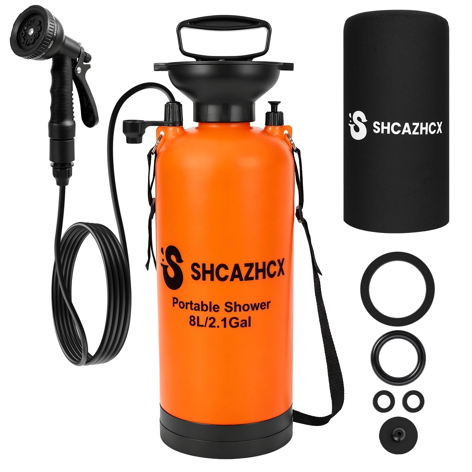 Shcazhcx 2.1 Gallon/8L Portable Water Shower, No Power Needed, Nylon Insulated Sleeve, 10 Spray Modes, Pressurized Portable Shower Sprayer for Camping, Hiking, Beach, Surfing & Outdoor Use, Orange