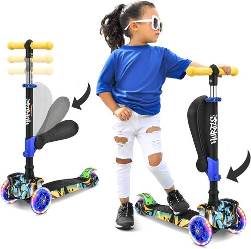 Hurtle Kids Scooter - Adjustable Height 3-Wheel Kick Scooter with Foldable Seat & Flashing Lights | For Ages 1-12