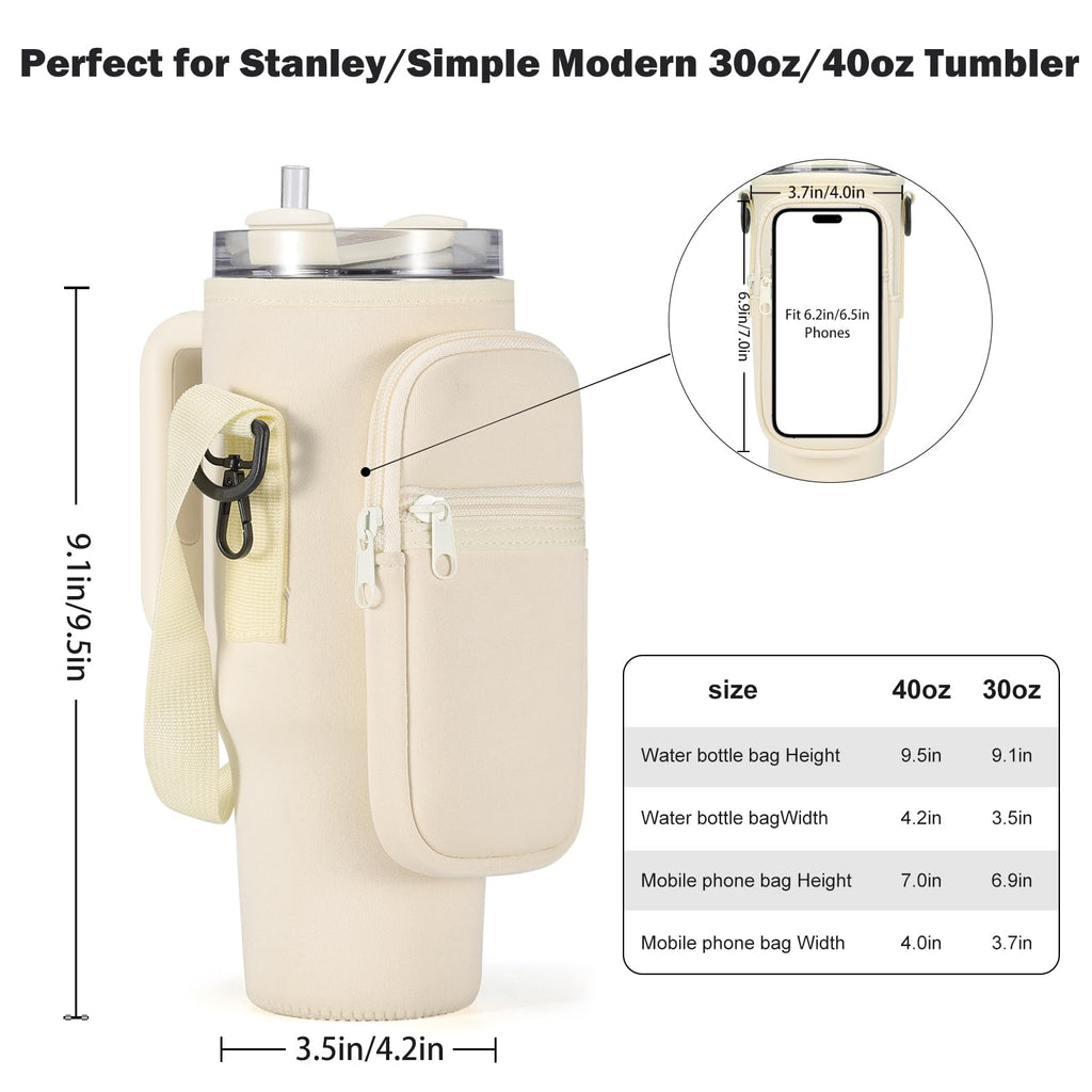 GOEWY Water Bottle Carrier Bag for Stanley 30 oz Tumbler with Phone Pocket Neoprene Water Bottle Holder with Shoulder & Handheld Strap Stanley Cup Accessories