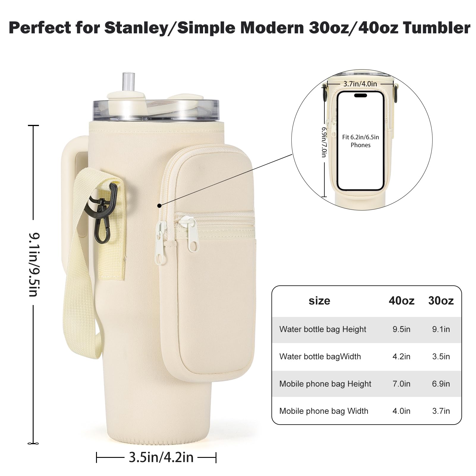 GOEWY Water Bottle Carrier Bag for Stanley 30 oz Tumbler with Phone Pocket Neoprene Water Bottle Holder with Shoulder & Handheld Strap Stanley Cup Accessories