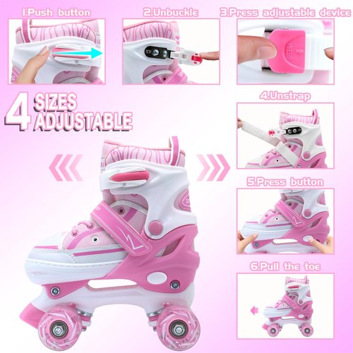 SMOOJOY Kids Roller Skates for Girls Boys Youth, Adjustable Light-Up Canvas Pink Quad Skate for Ages 6-12 Beginners' Outdoor Indoor Sports
