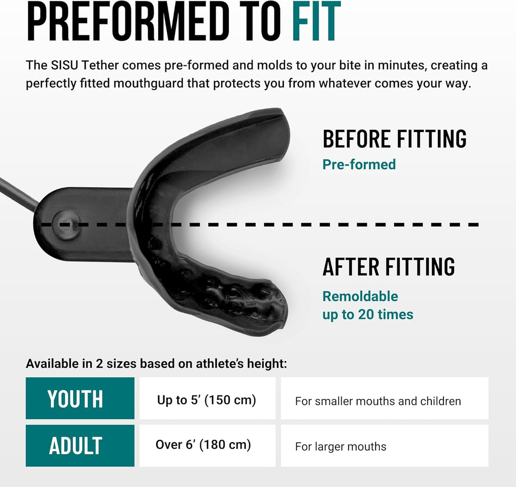 SISU Tether Mouthguard - Remoldable Protection for Football, Hockey & Lacrosse - Fits Braces - Non-Toxic
