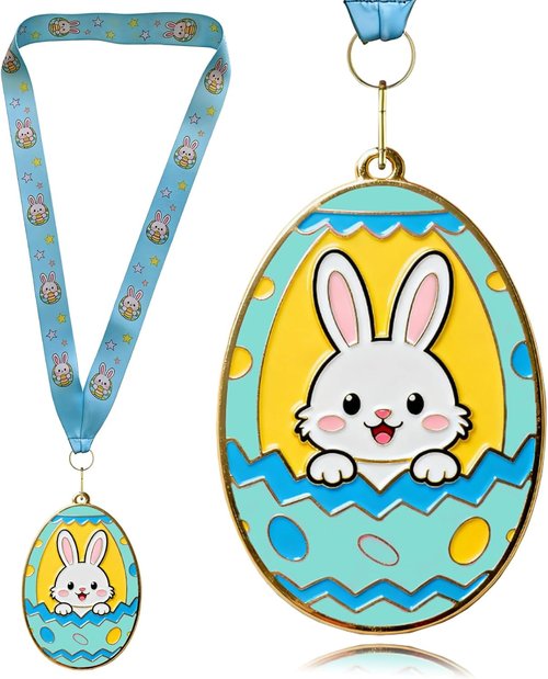 Gold Medals by Easter | 2.95 Inch Bunny Egg Shape Awards with Colorful Neck Ribbons for Egg Hunt Parties