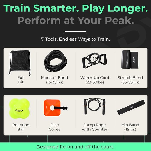 ADV Training Kit V2: Tennis Trainer Equipment for Tennis Training, Practice & Drills – Includes Counting Jump Rope, Resistance Bands, Stretch Bands for Exercise, Tennis Trainer Rebound Ball & Cones