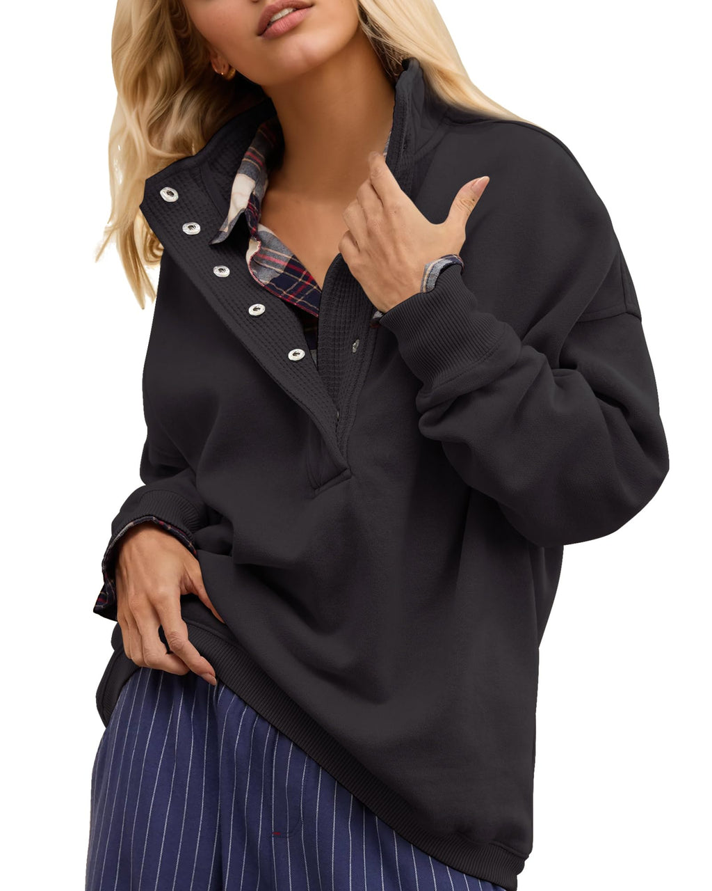 Gacaky Sweatshirt for Women Oversized Casual Long Sleeve Button Henley Neck Pullover Tops Fashion Outfits Clothes Black XX-Large