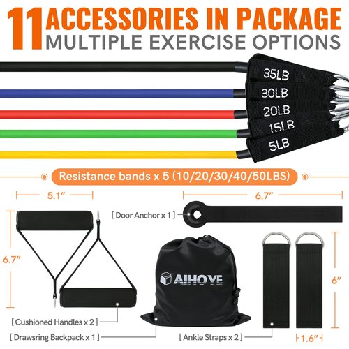 Aihoye Resistance Band Set: 105LB (5-35LB) Workout Bands with Handles & Accessories - Eco Friendly Latex - For Exercise, Yoga, Pilates & More