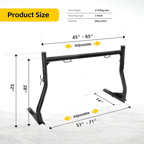 MaxxHaul 50241 Adjustable Steel Truck Ladder Rack – No Drill Installation, 500 lbs Capacity, 52"–71" Width, Clamp On J-Bolt Mount, Tie-Down Anchors, Pair – Lumber, Kayak, Canoe, Surfboard