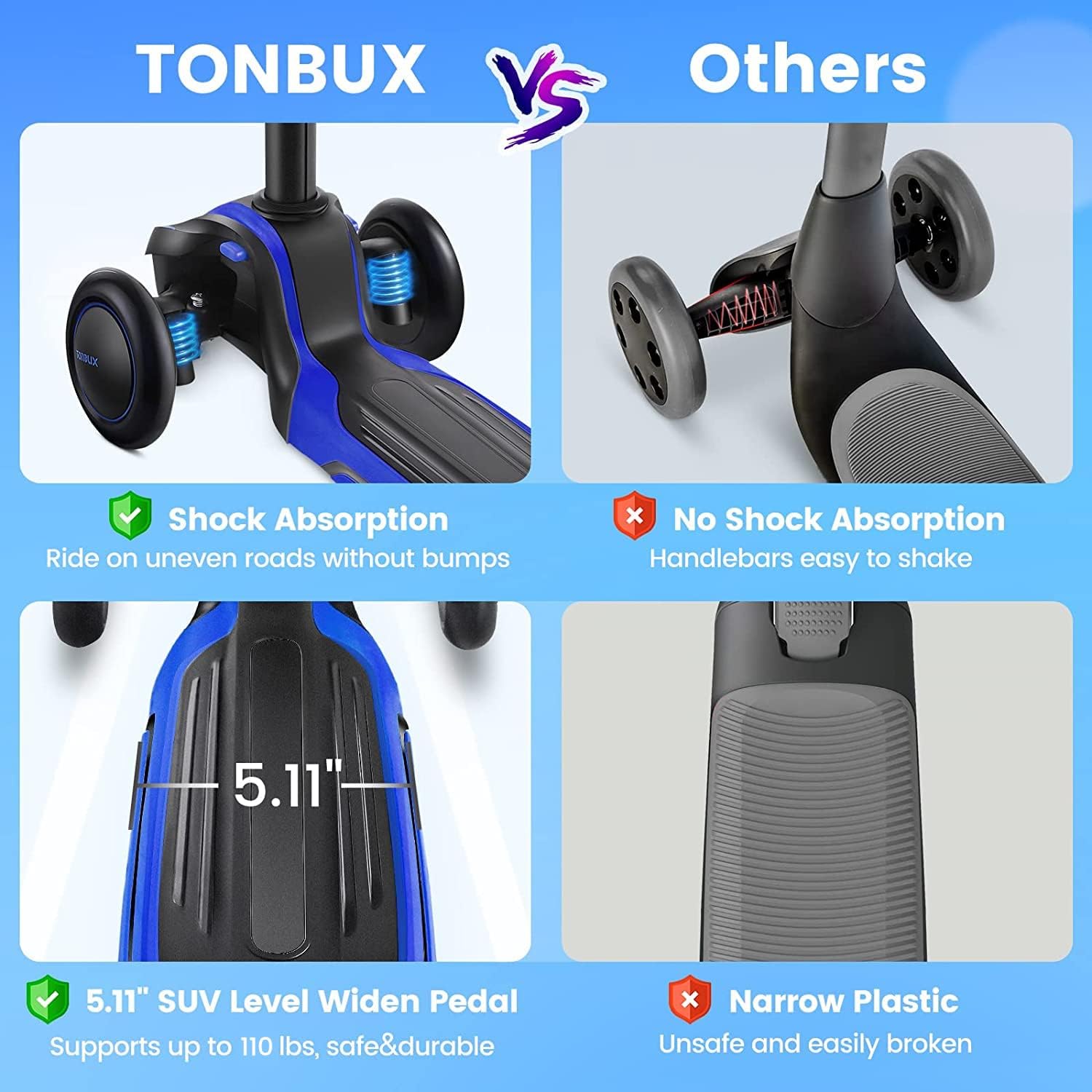 TONBUX Kids Scooter - Adjustable 4 Heights, Light-Up 3-Wheel Design | Shock Absorption & Balance Training for Ages 3-12