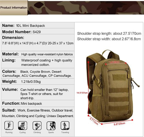 HUNTVP Tactical Backpack - 10L Mini Daypack with MOLLE System for Hunting & Camping | ACU Camouflage
