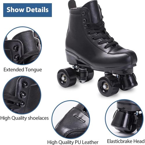 SCNUT Skates Women's Men's High Top Black PU Leather Classic Double Row Adjustable Outdoor Indoor Quad Skates and Roller Derby (Black Wheel, 45-Women's 11 / Men's 10)