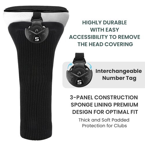 FINGER TEN Golf Club Head Covers Woods Hybrids 1/2/3/4 Pack, Headcovers Men Women 3 5 7 X with Interchangeable Number Tag, Fit All Wood Hybrid Clubs (2 Pack-Black Hybrid Cover)