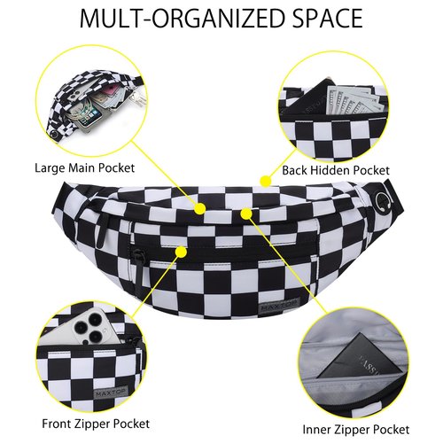 MAXTOP Checkered Fanny Pack Crossbody Bag with 4-Zipper Pockets Large Belt Bag for Enjoy Festival Sports Workout Traveling Running Casual Hands-Free Waist Bag Black and White Checkered