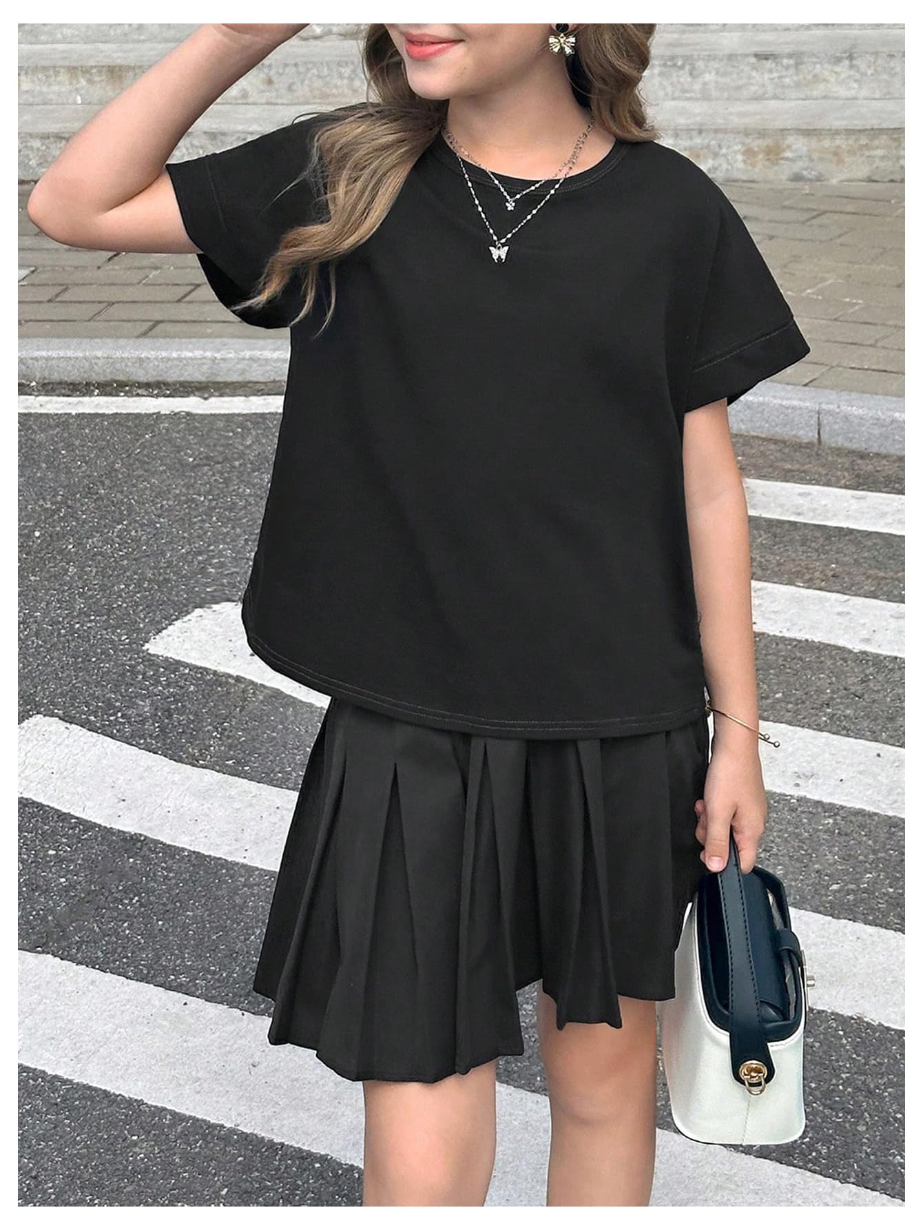RoseSeek Girl's 2 Packs Open Back Backless Tops Criss Cross Short Sleeve T Shirts Crewneck Casual Tees Black White 11Y