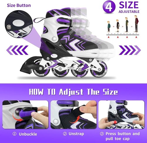 Nattork Adjustable Inline Skates - Light-Up Wheels for Kids | Beginner Roller Skates in Purple, Pink, Blue, Black