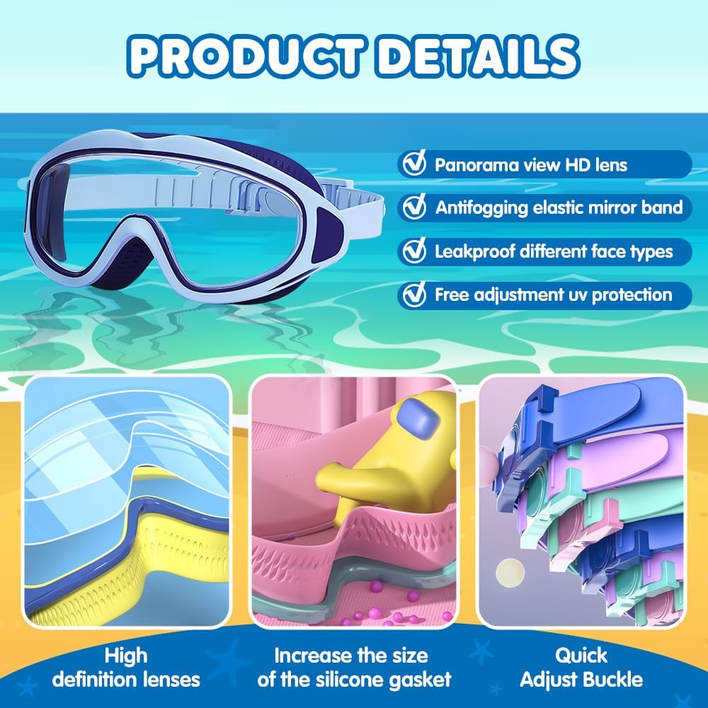 Skiennix Kids Swim Goggles - Wide View Anti-Fog & Leakproof Design | Adjustable Strap & Nose Cover
