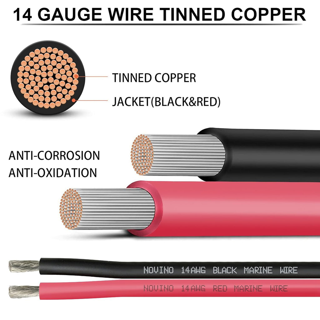 14 AWG Marine Grade Wire - 200FT Red & 200FT Black Tinned Copper Cable for Boats & RVs