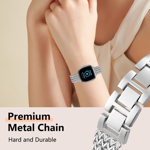 Alociaga Metal Band Compatible for Fitbit Versa 4/Sense 2/Versa 3/Sense, 22mm Dressy Stainless Steel Chain Strap Designer Wristband (Sliver)