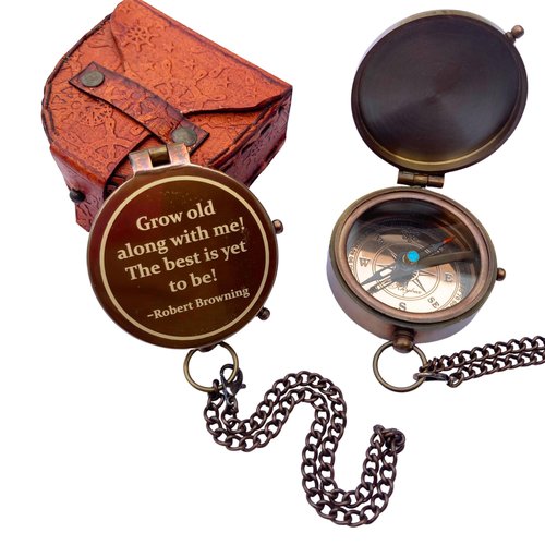 Grow Old Along with Me Brass Compass | Engraved Robert Browning Quote | Vintage Compass with Leather Case | Romantic for Him or Her