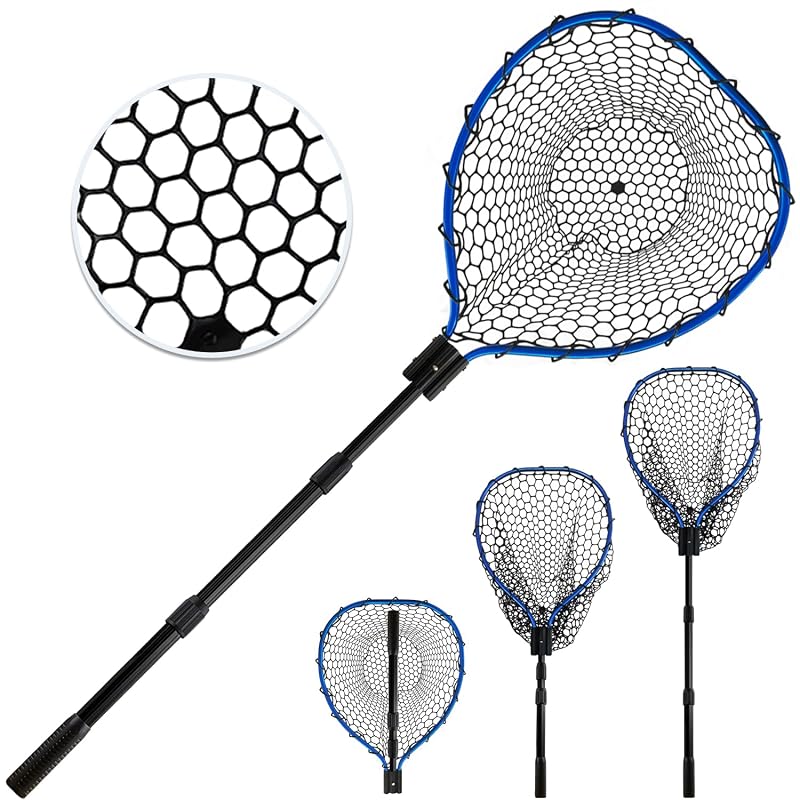 Telescoping Aluminum Fishing Net with Rubber Mesh, 3-Section Pole 64.5" - SEASPRO