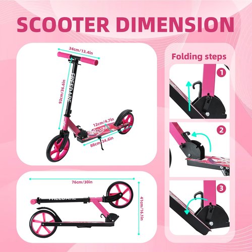 FREEDARE Kick Scooter for Kids Ages 8+, Foldable Kids Scooter with 2 Big 8-inch Wheels and 4-Level Adjustable Handlebar, Max Load 220 LBS, Pink