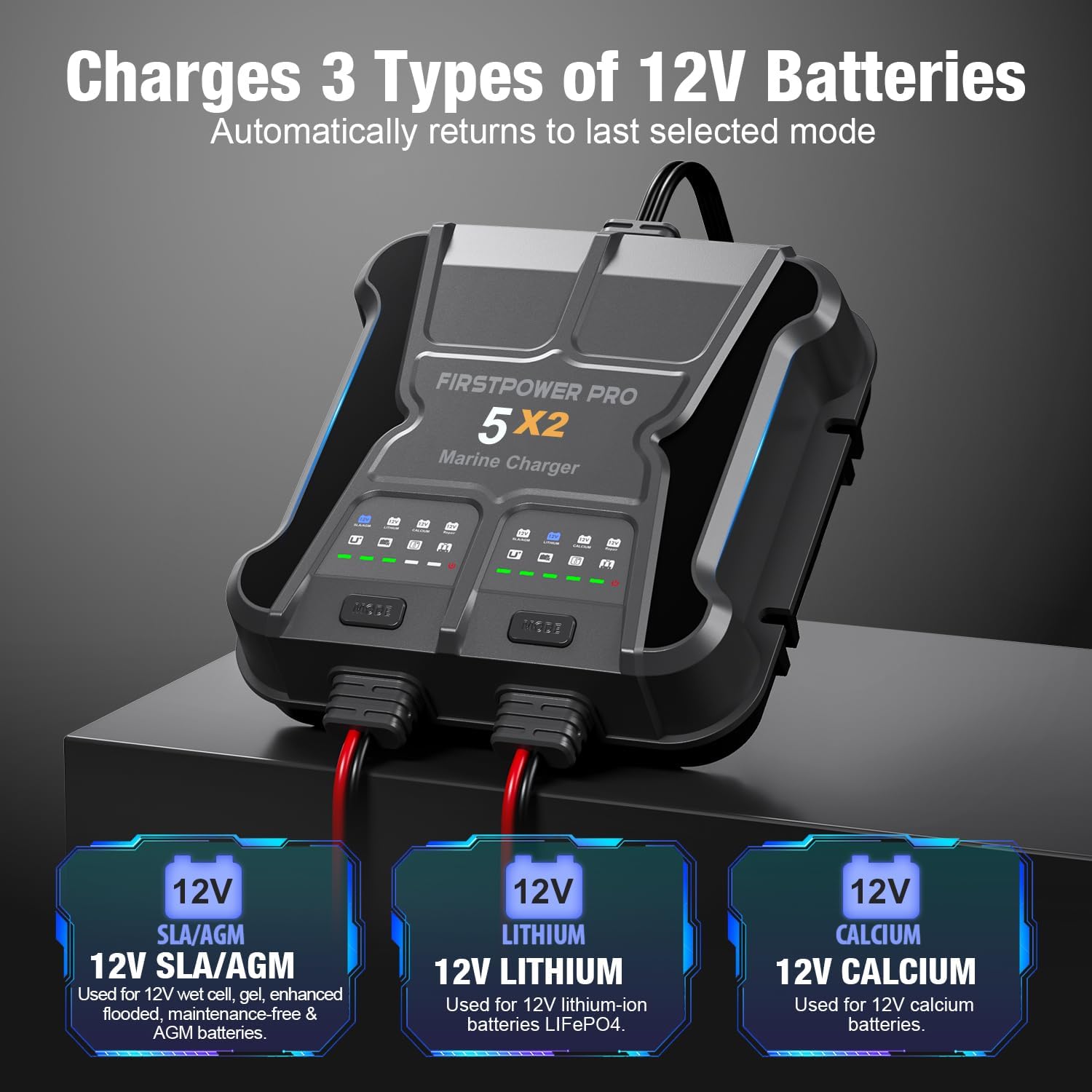 2 Bank Marine Battery Charger - 10A Waterproof Onboard Battery Maintainer & Desulfator for SLA/AGM, Lithium, Calcium & Deep-Cycle Batteries